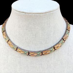 Vintage Pastel Enamel Link Silver Tone Choker Statement Necklace